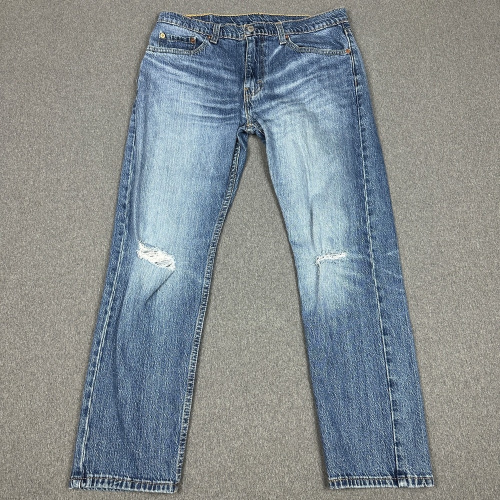 Levis 502 Jeans Mens 33x30 Distressed Blue Denim Tapered Stretch 29507-0390